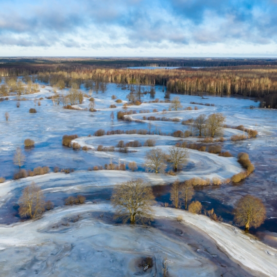 Aerial,View,To,The,Sunrise,Colored,Floodplain,With,The,Frozen