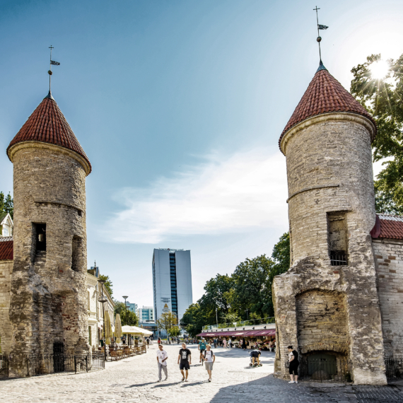 Tallinn, Estonia - 30 July, 2020:  Old town view and medieval Viru Gates in Tallinn